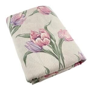 80s Cottagecore Tulip Floral Stripe King Flat Sheet 1980s Vintage